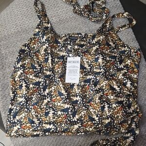 Wildfang Navy and Cream Patterned Camisole W Two Sashes For Head, Neck Or Waist